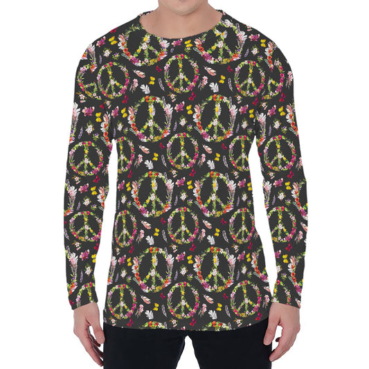 Hippie Peace Sign Flower Pattern Print Men's Long Sleeve T-Shirt