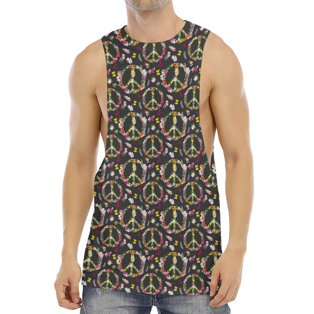 Hippie Peace Sign Flower Pattern Print Men's Muscle Tank Top
