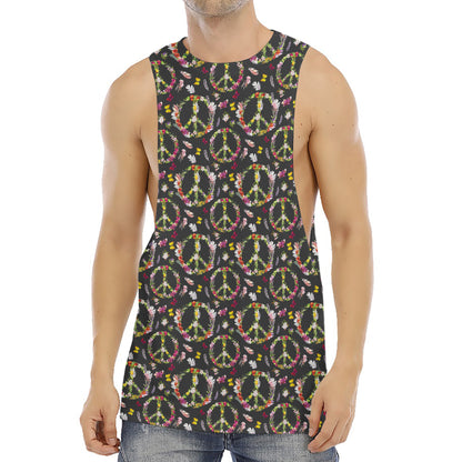 Hippie Peace Sign Flower Pattern Print Men's Muscle Tank Top