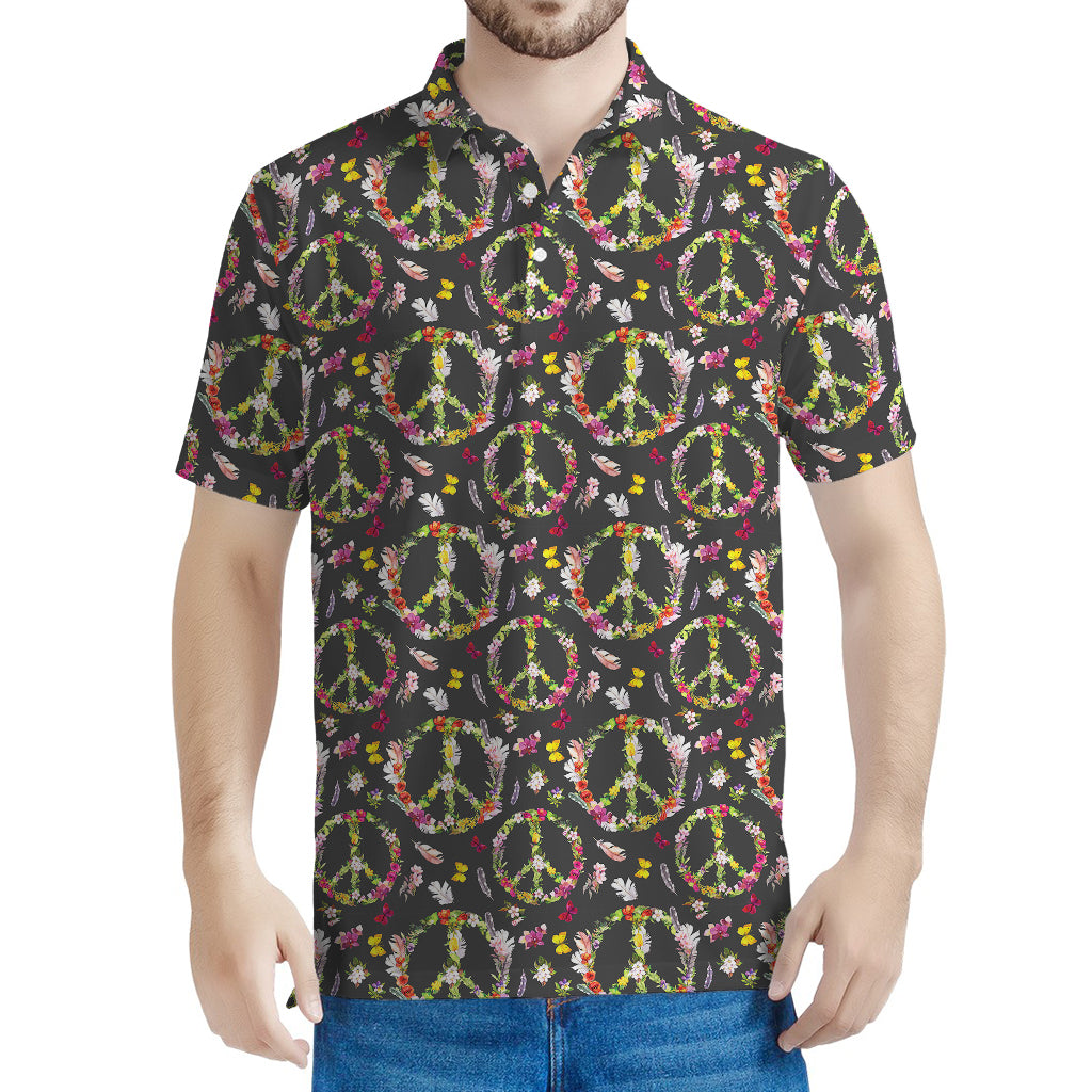 Hippie Peace Sign Flower Pattern Print Men's Polo Shirt