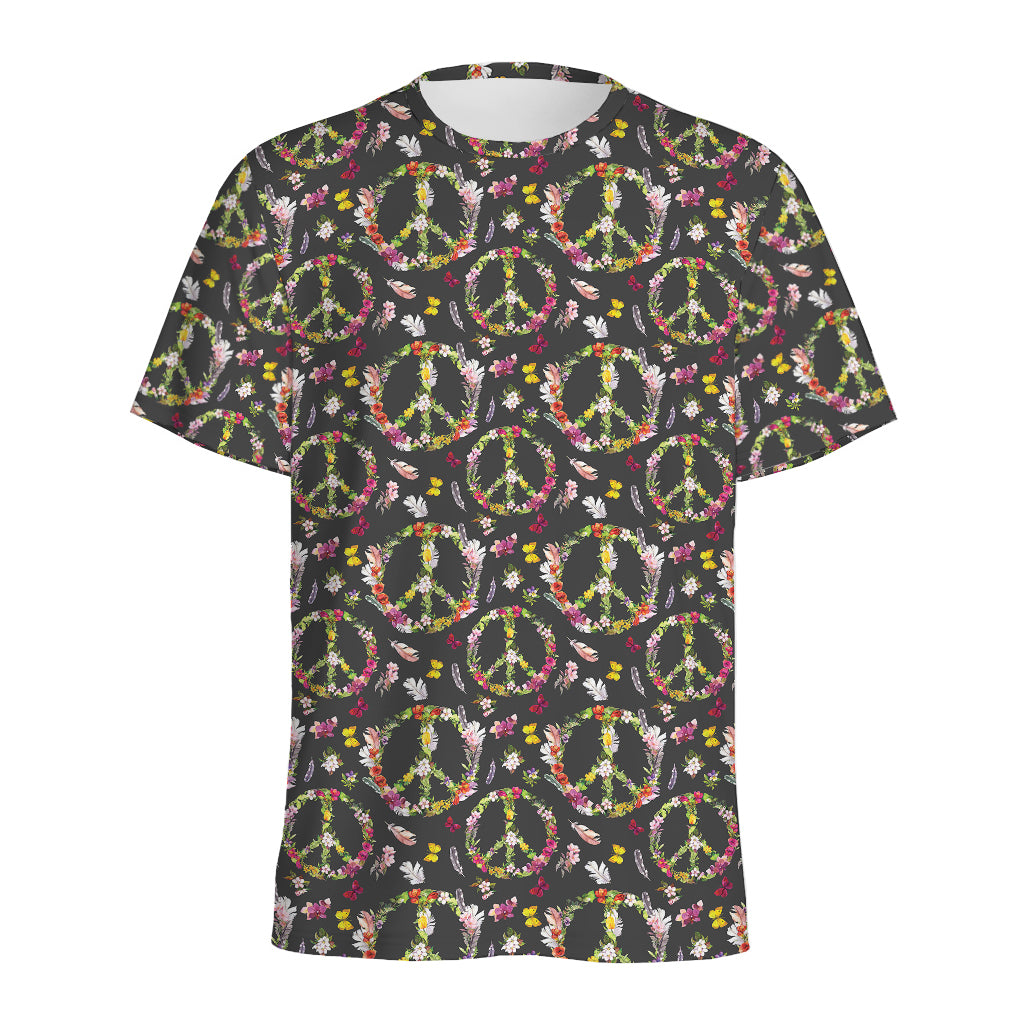 Hippie Peace Sign Flower Pattern Print Men's Sports T-Shirt