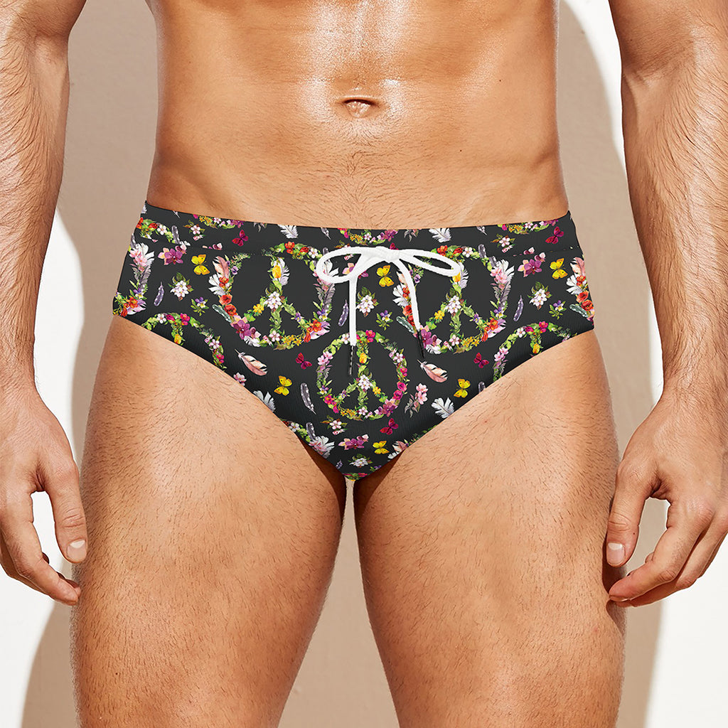 Hippie Peace Sign Flower Pattern Print Men's Swim Briefs