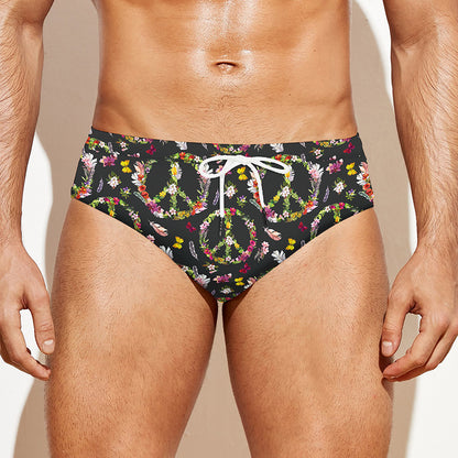 Hippie Peace Sign Flower Pattern Print Men's Swim Briefs
