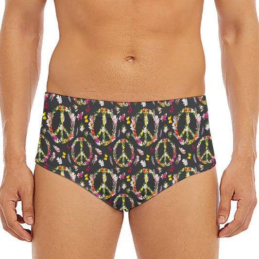 Hippie Peace Sign Flower Pattern Print Men's Triangle Swim Briefs