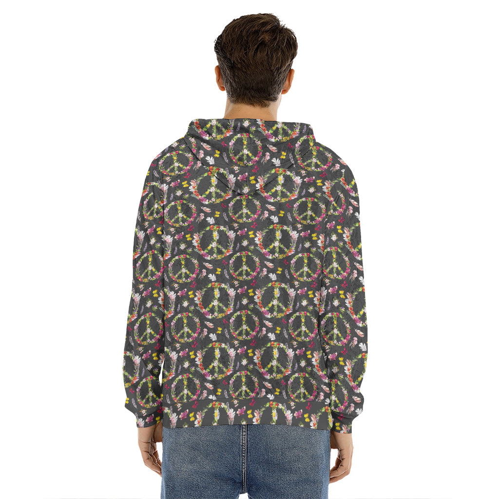 Hippie Peace Sign Flower Pattern Print Men's Velvet Pullover Hoodie