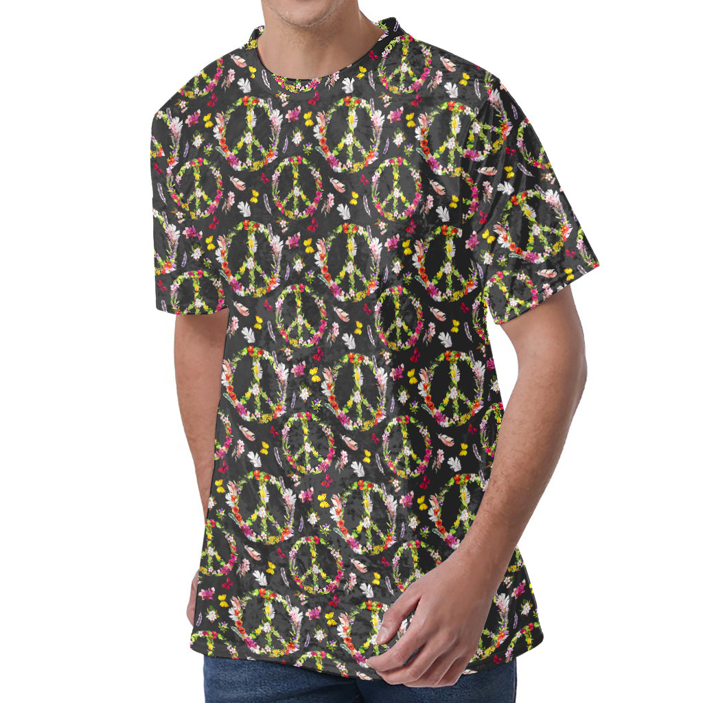Hippie Peace Sign Flower Pattern Print Men's Velvet T-Shirt