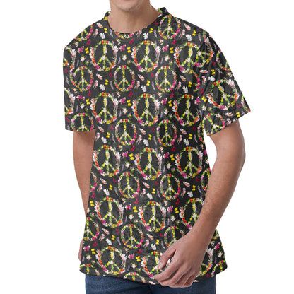 Hippie Peace Sign Flower Pattern Print Men's Velvet T-Shirt