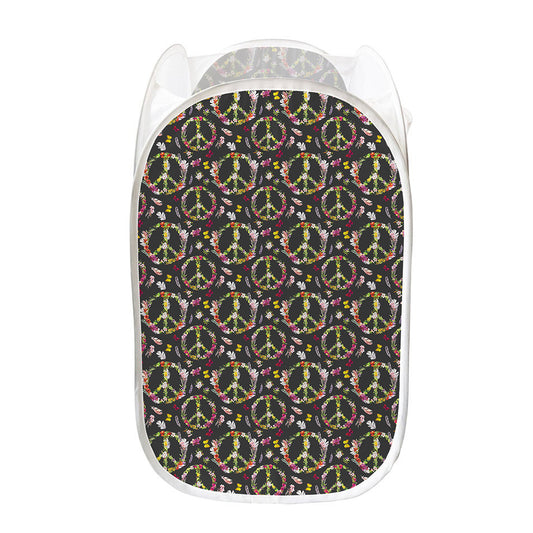 Hippie Peace Sign Flower Pattern Print Mesh Laundry Hamper