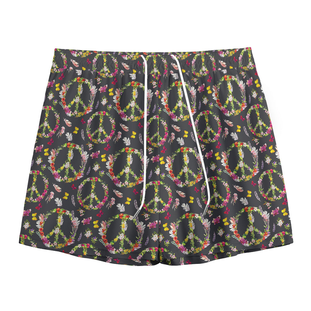 Hippie Peace Sign Flower Pattern Print Mesh Shorts
