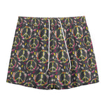 Hippie Peace Sign Flower Pattern Print Mesh Shorts
