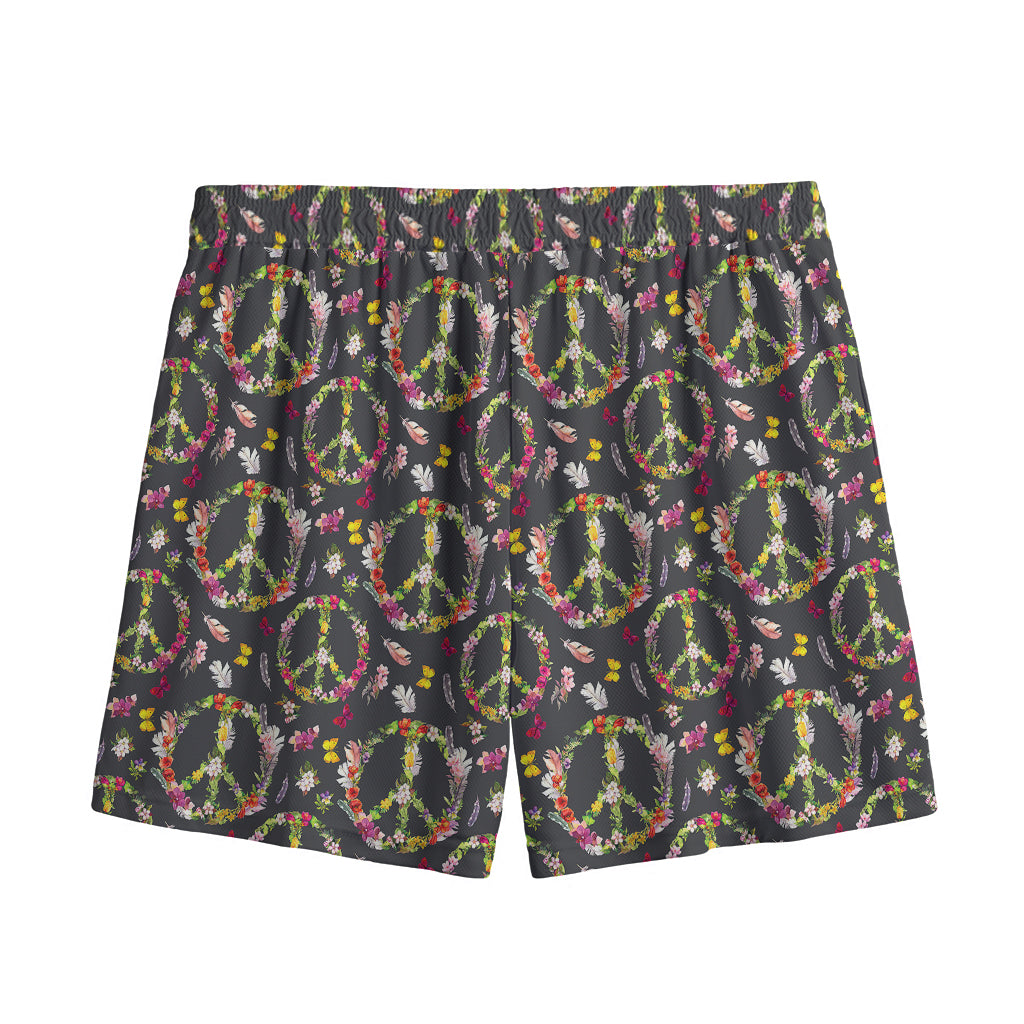 Hippie Peace Sign Flower Pattern Print Mesh Shorts