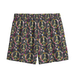 Hippie Peace Sign Flower Pattern Print Mesh Shorts
