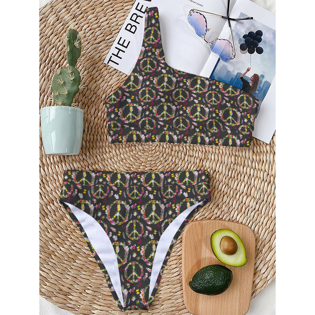 Hippie Peace Sign Flower Pattern Print One Shoulder Bikini Top
