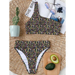 Hippie Peace Sign Flower Pattern Print One Shoulder Bikini Top