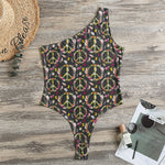 Hippie Peace Sign Flower Pattern Print One Shoulder Bodysuit