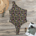 Hippie Peace Sign Flower Pattern Print One Shoulder Bodysuit