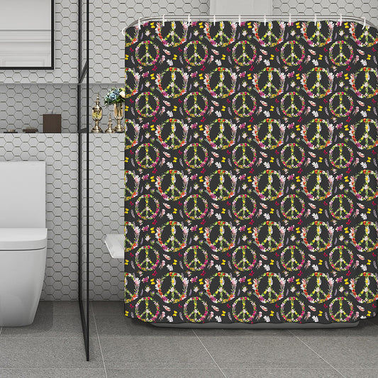 Hippie Peace Sign Flower Pattern Print Polyester Shower Curtain