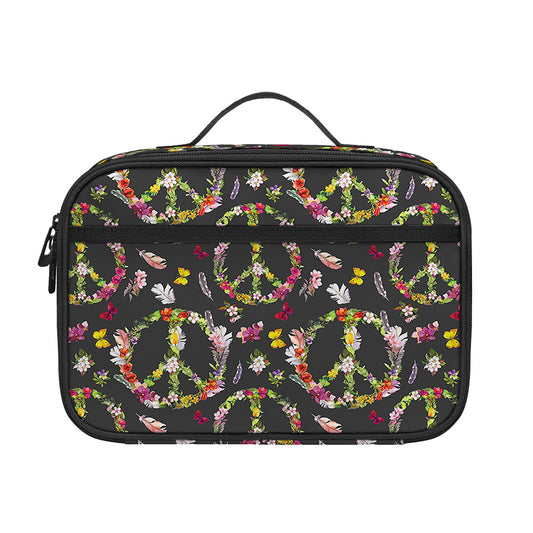 Hippie Peace Sign Flower Pattern Print Portable Lunch Bag