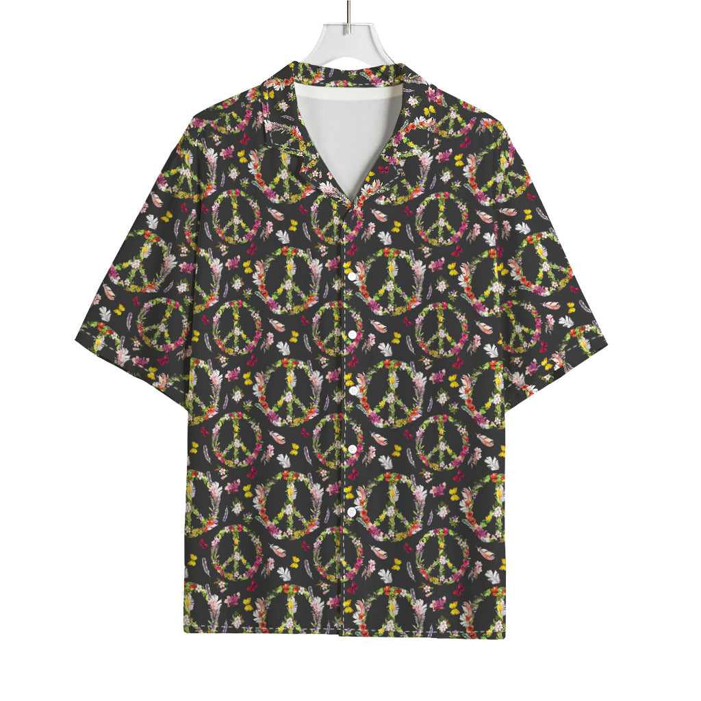 Hippie Peace Sign Flower Pattern Print Rayon Hawaiian Shirt