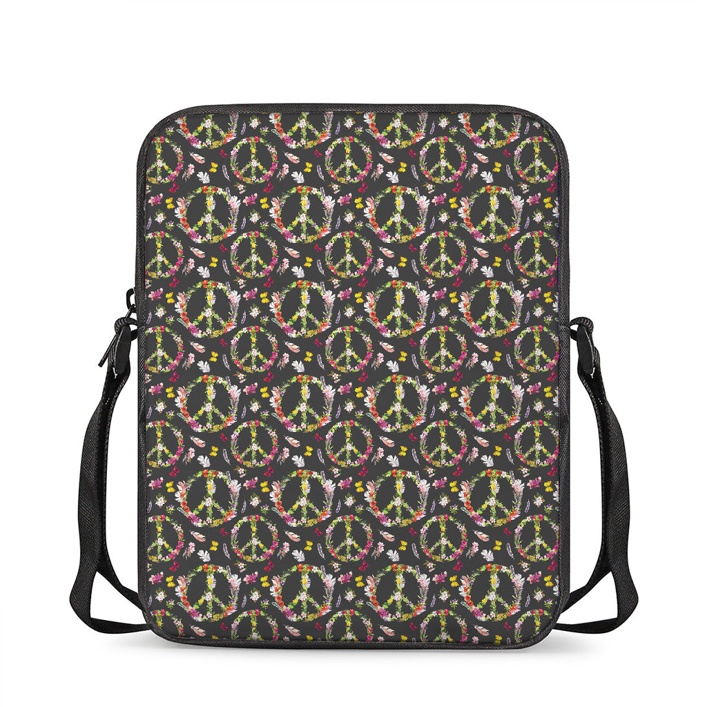 Hippie Peace Sign Flower Pattern Print Rectangular Crossbody Bag