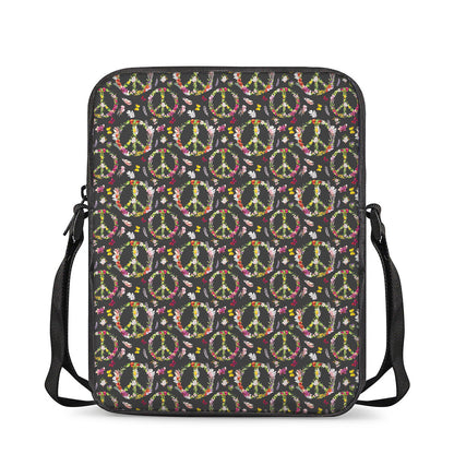 Hippie Peace Sign Flower Pattern Print Rectangular Crossbody Bag