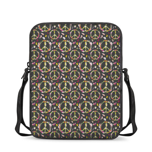 Hippie Peace Sign Flower Pattern Print Rectangular Crossbody Bag
