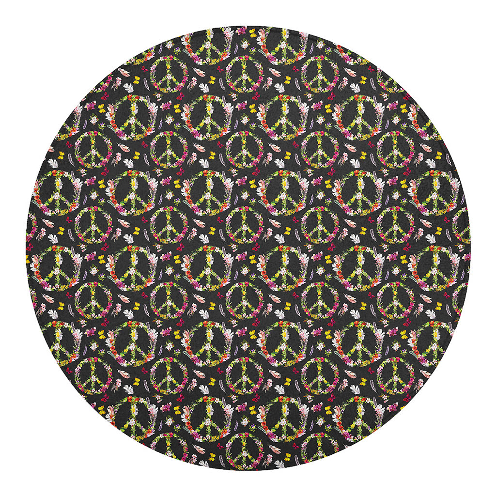 Hippie Peace Sign Flower Pattern Print Round Blanket