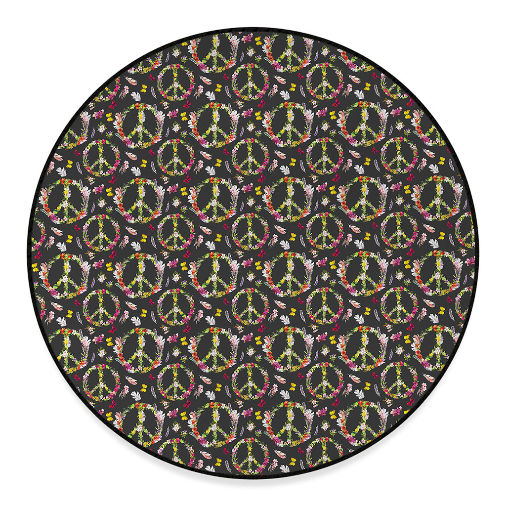 Hippie Peace Sign Flower Pattern Print Round Floor Mat