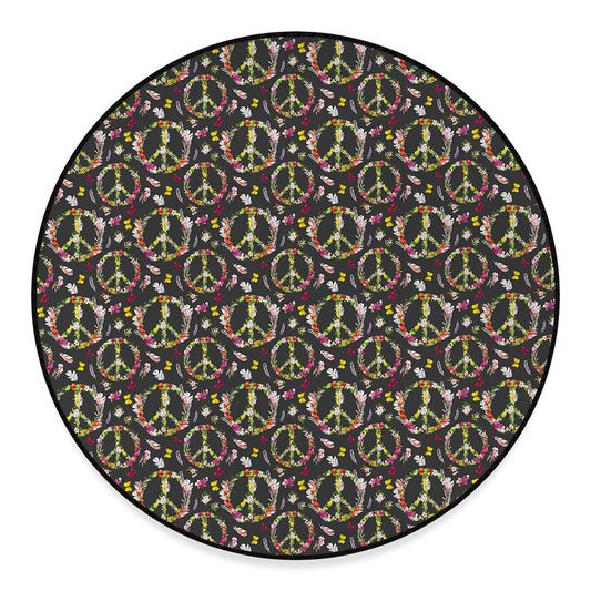 Hippie Peace Sign Flower Pattern Print Round Floor Mat