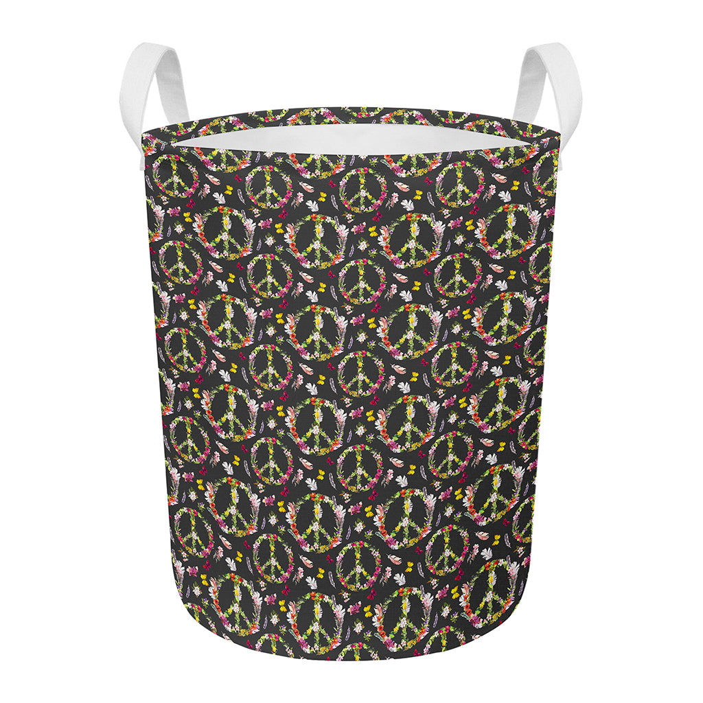 Hippie Peace Sign Flower Pattern Print Round Laundry Basket