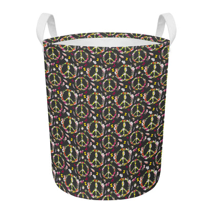Hippie Peace Sign Flower Pattern Print Round Laundry Basket