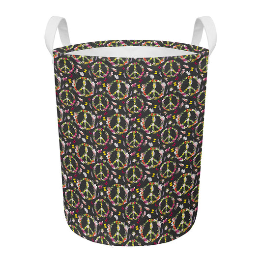 Hippie Peace Sign Flower Pattern Print Round Laundry Basket