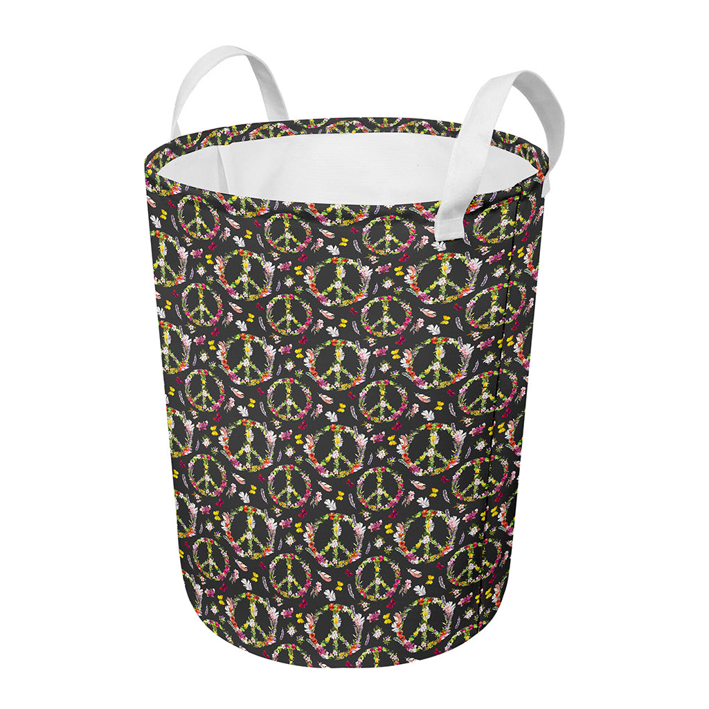 Hippie Peace Sign Flower Pattern Print Round Laundry Basket