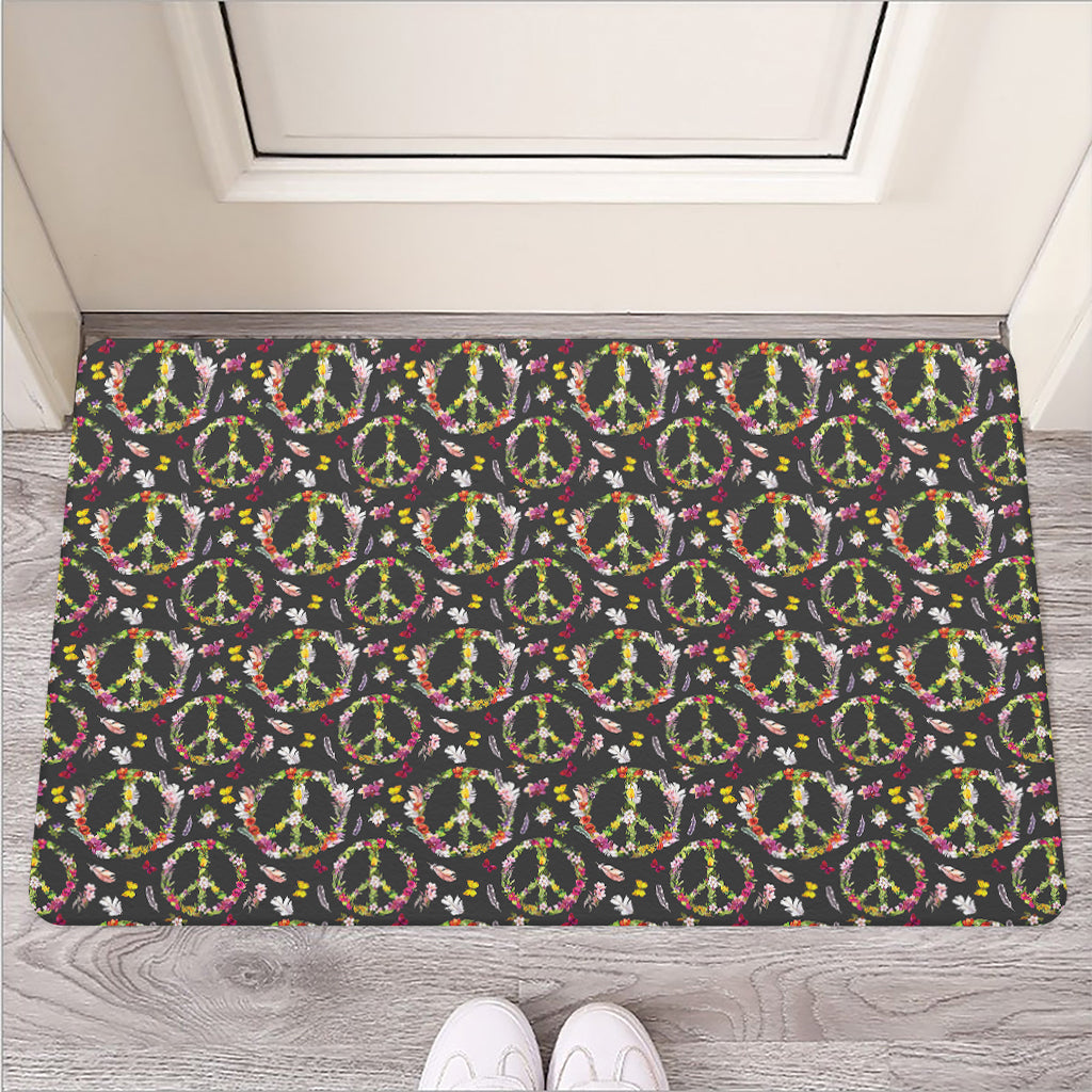 Hippie Peace Sign Flower Pattern Print Rubber Doormat