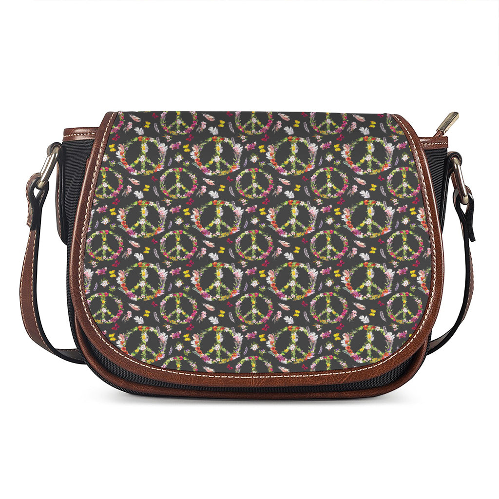 Hippie Peace Sign Flower Pattern Print Saddle Bag