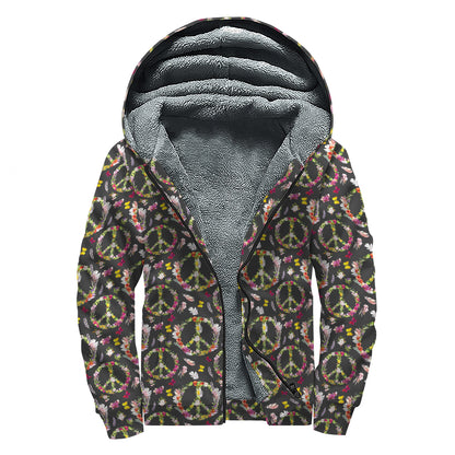 Hippie Peace Sign Flower Pattern Print Sherpa Lined Zip Up Hoodie