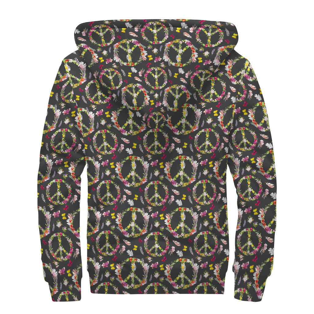 Hippie Peace Sign Flower Pattern Print Sherpa Lined Zip Up Hoodie
