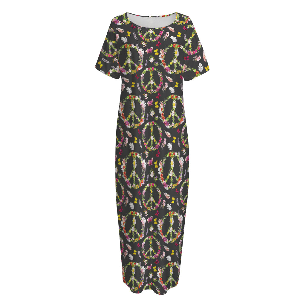 Hippie Peace Sign Flower Pattern Print Short Sleeve Long Nightdress