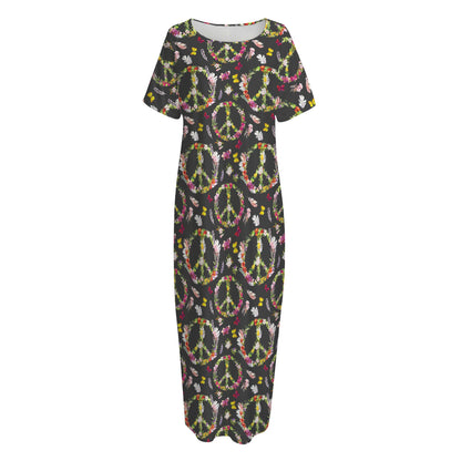 Hippie Peace Sign Flower Pattern Print Short Sleeve Long Nightdress