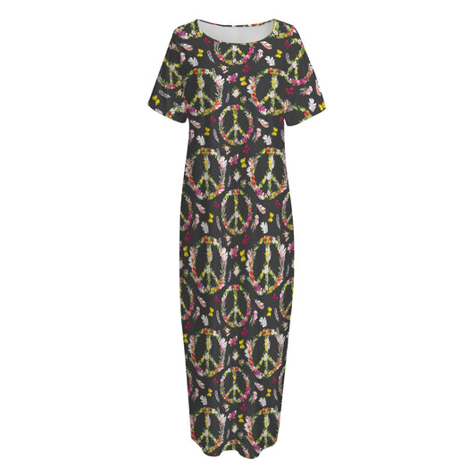 Hippie Peace Sign Flower Pattern Print Short Sleeve Long Nightdress