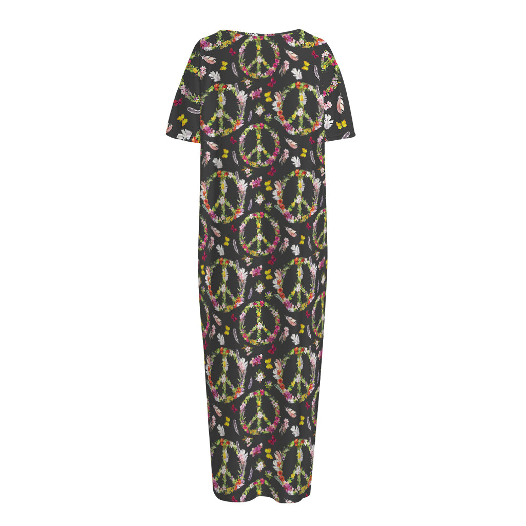 Hippie Peace Sign Flower Pattern Print Short Sleeve Long Nightdress