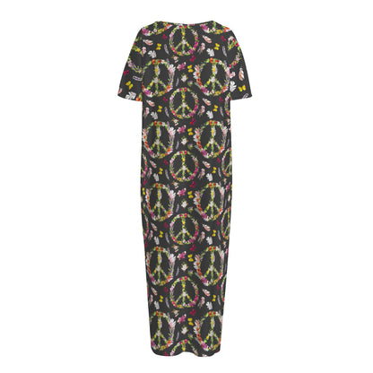 Hippie Peace Sign Flower Pattern Print Short Sleeve Long Nightdress