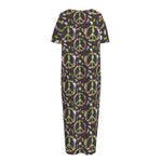 Hippie Peace Sign Flower Pattern Print Short Sleeve Long Nightdress