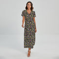 Hippie Peace Sign Flower Pattern Print Short Sleeve Maxi Dress