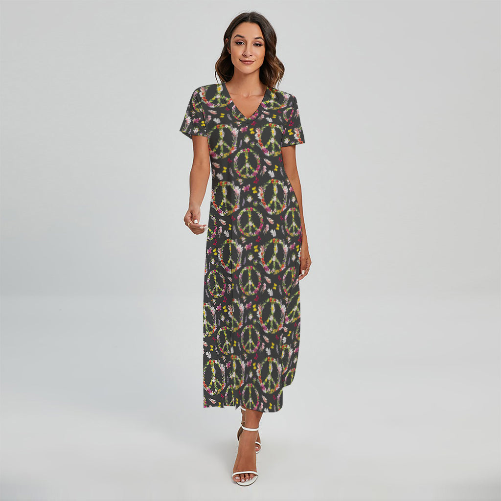 Hippie Peace Sign Flower Pattern Print Short Sleeve Maxi Dress