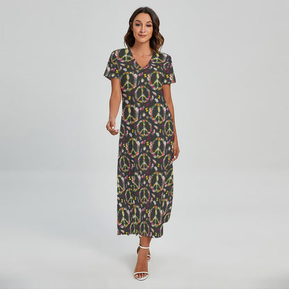Hippie Peace Sign Flower Pattern Print Short Sleeve Maxi Dress