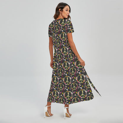 Hippie Peace Sign Flower Pattern Print Short Sleeve Maxi Dress