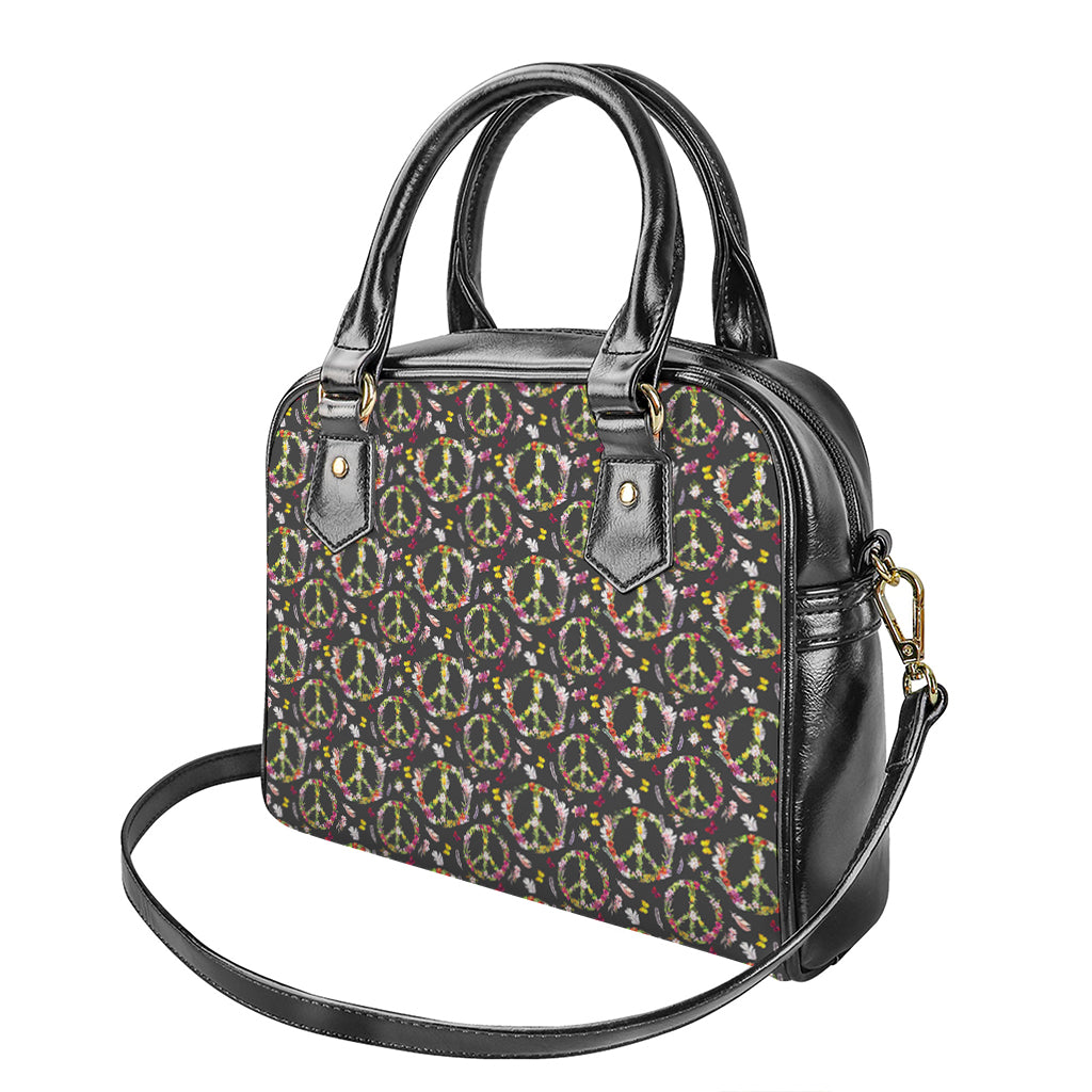 Hippie Peace Sign Flower Pattern Print Shoulder Handbag