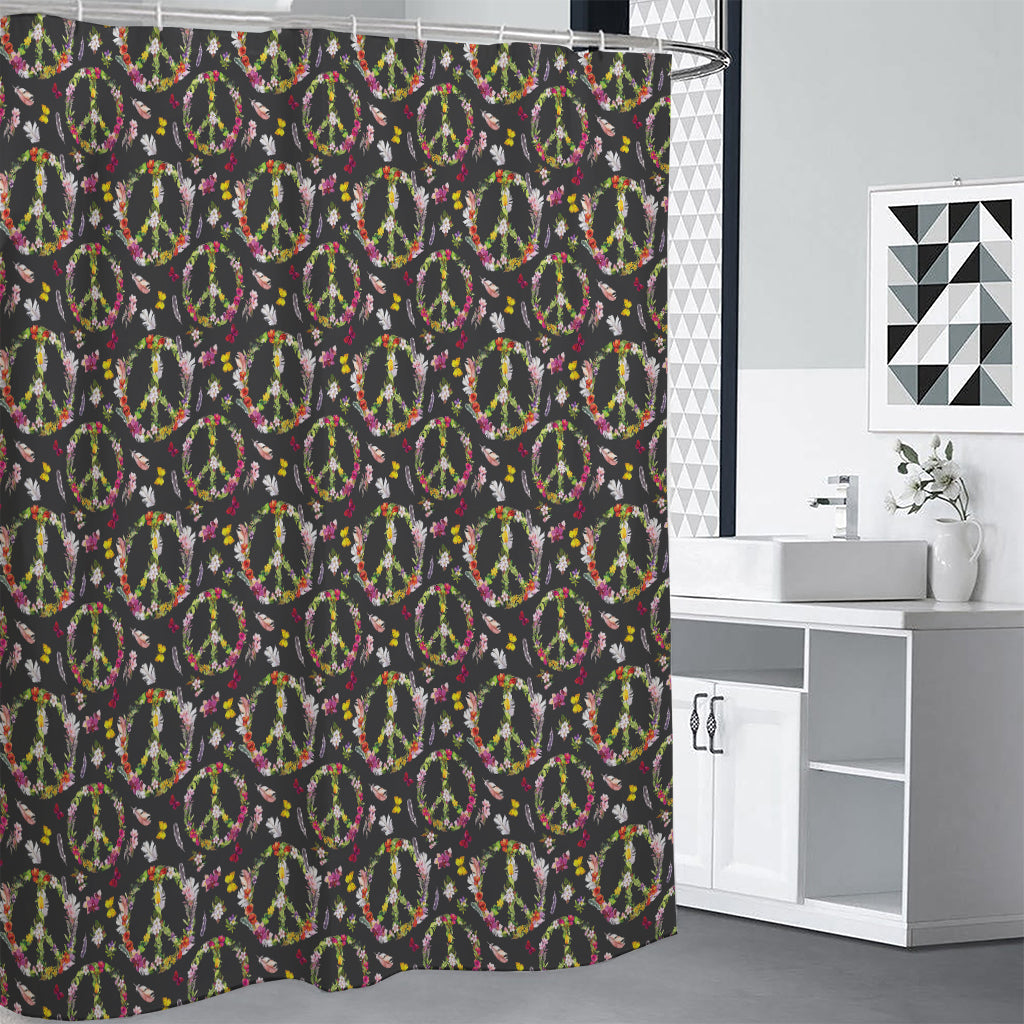 Hippie Peace Sign Flower Pattern Print Shower Curtain