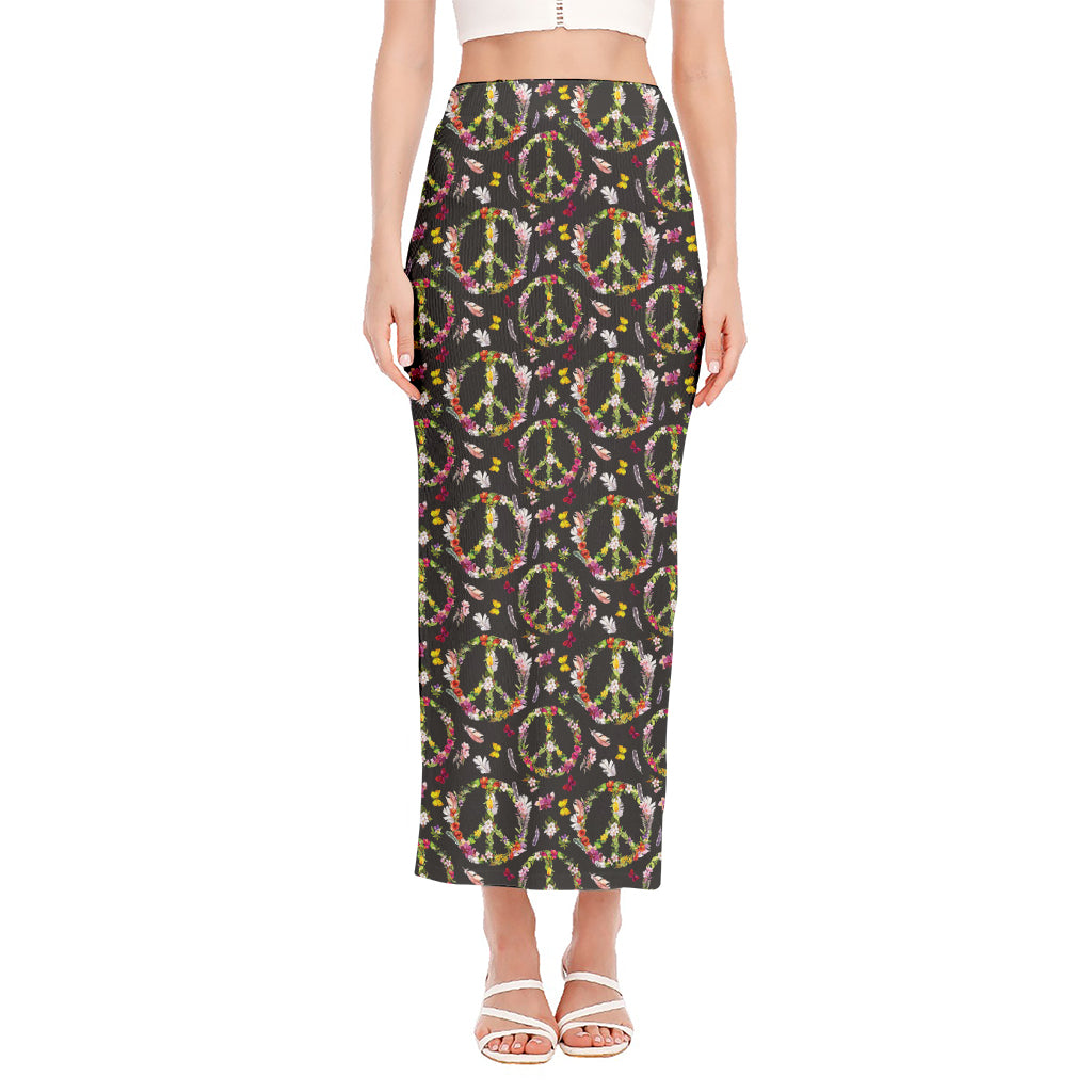 Hippie Peace Sign Flower Pattern Print Side Slit Maxi Skirt